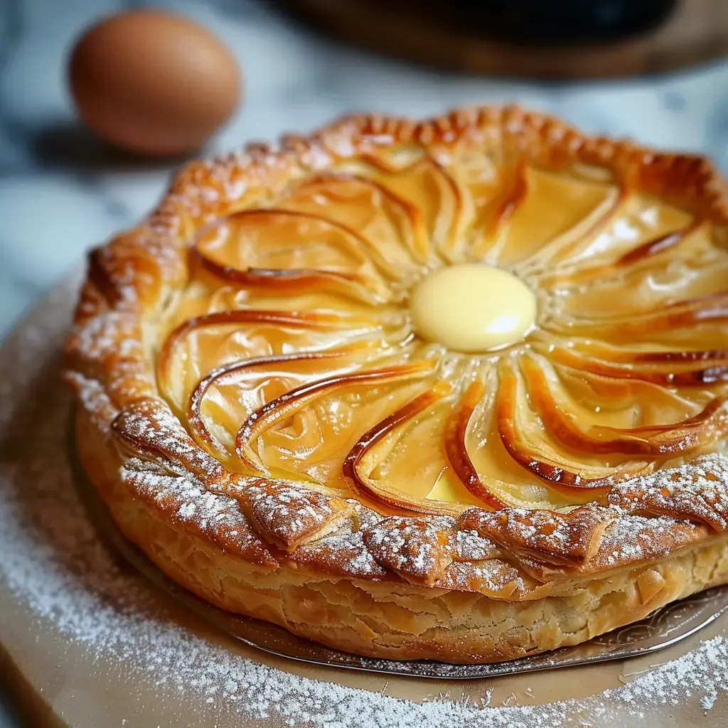 Une tarte aux pommes joliment décorée avec un centre crémeux et une croûte dorée, accompagnée d'un œuf à côté.