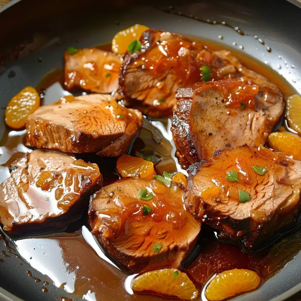 Tranches de viande dans une sauce sucrée, garnies de quartiers d'orange.