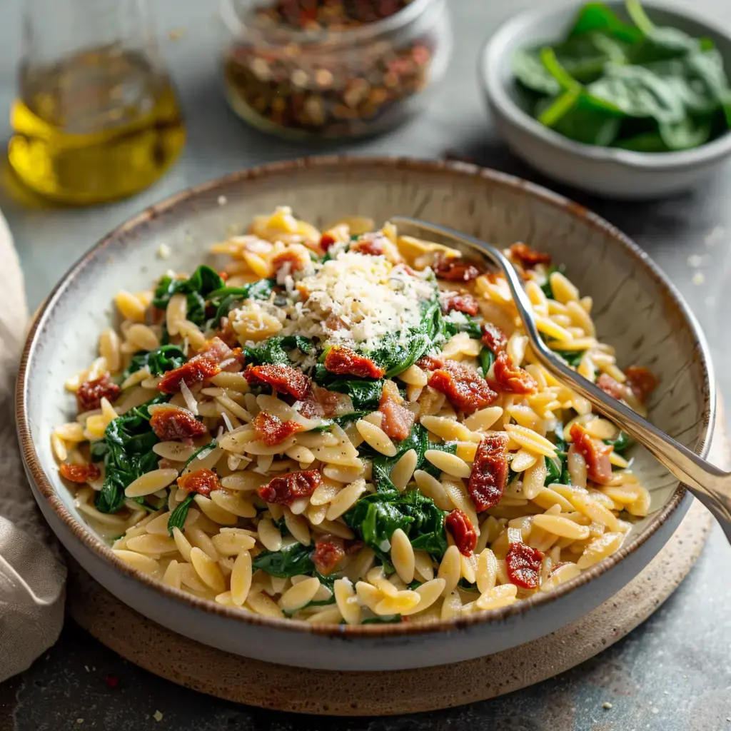 Un plat de pâtes orzo garnies d'épinards et de morceaux de bacon, surmonté de fromage râpé, accompagné d'un récipient d'huile d'olive et d'épices.