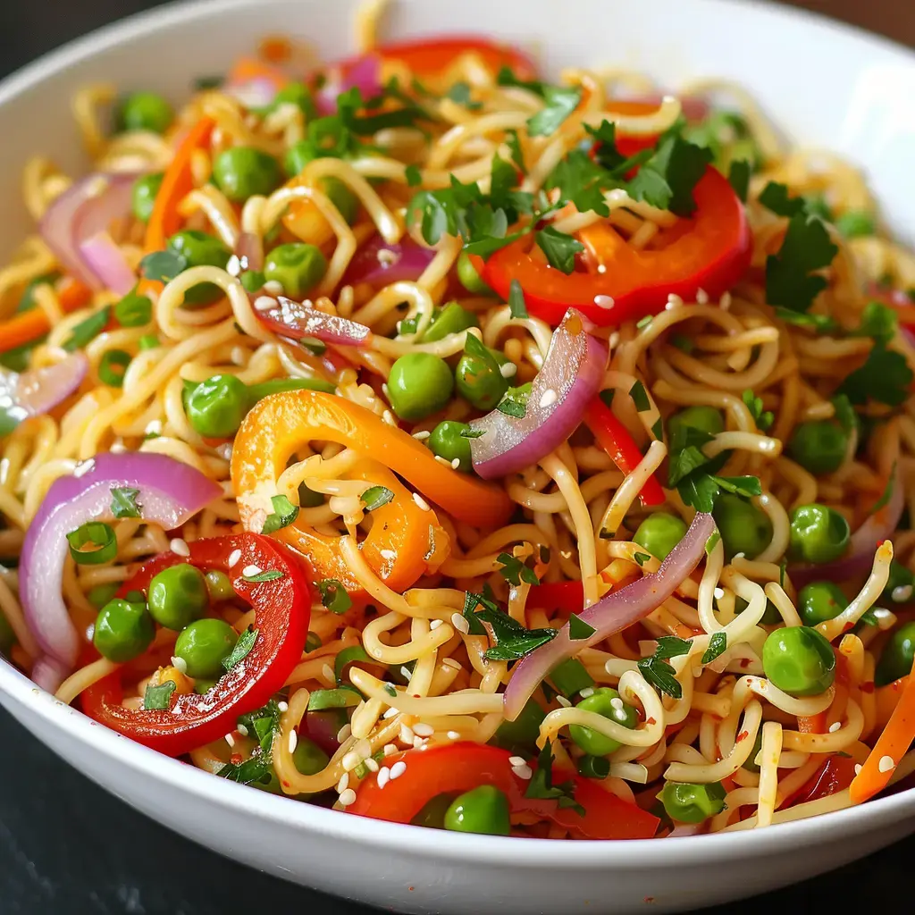 Une salade de nouilles aux légumes aux couleurs vives, avec des pois, des poivrons et de la coriandre, servie dans un bol.