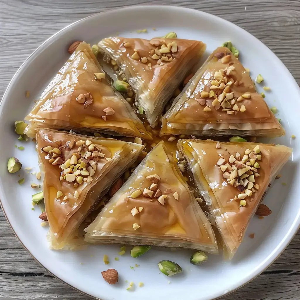 Un plat rond contenant des triangles de baklava brillants garnis de morceaux de noix et de pistaches.