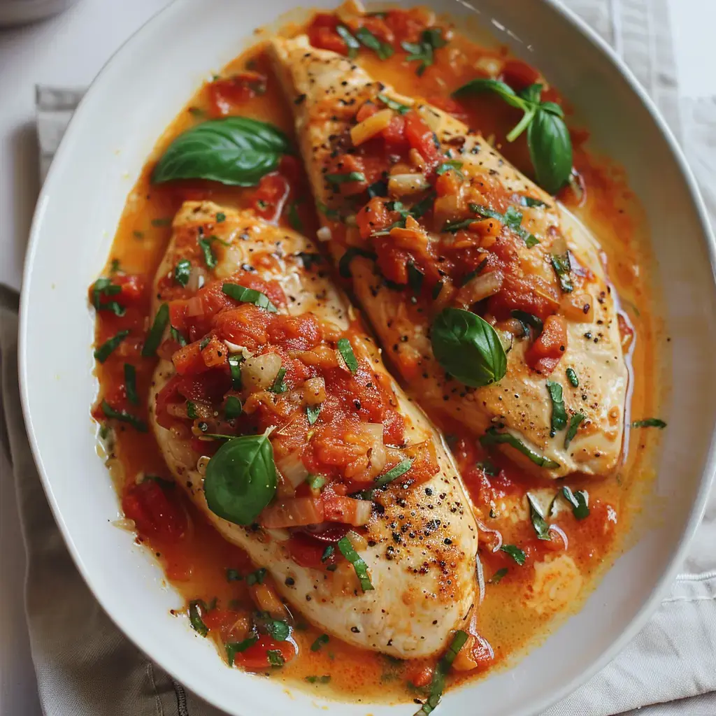Two fish fillets topped with tomato sauce, onions, and fresh herbs, served in a blue dish.