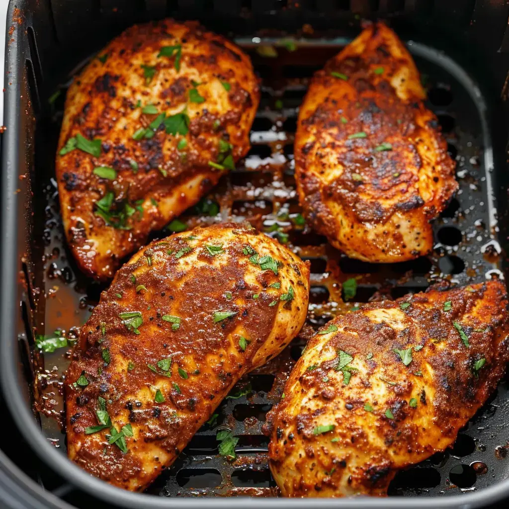 Four marinated and cooked chicken breasts garnished with cilantro in an air fryer basket.