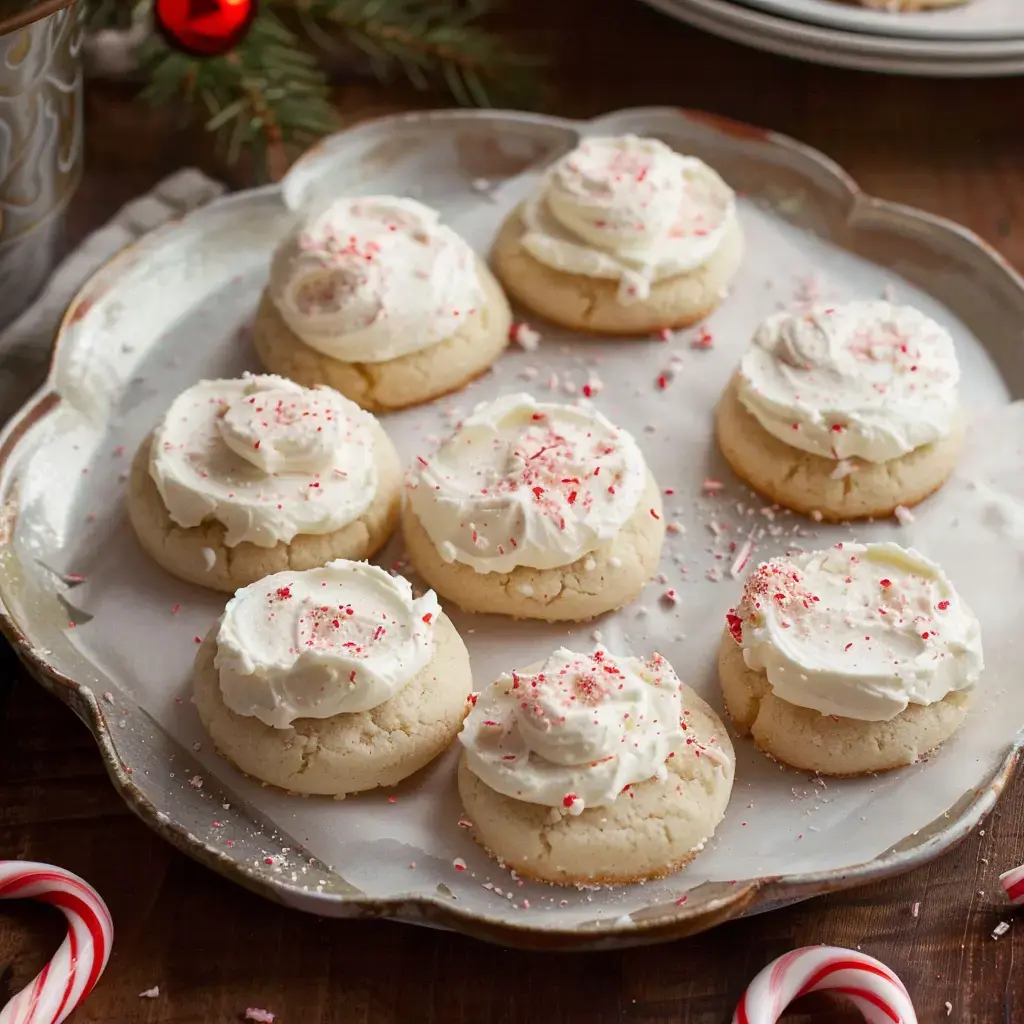 Round cookies topped with white frosting and pieces of candy cane displayed on a silver platter.