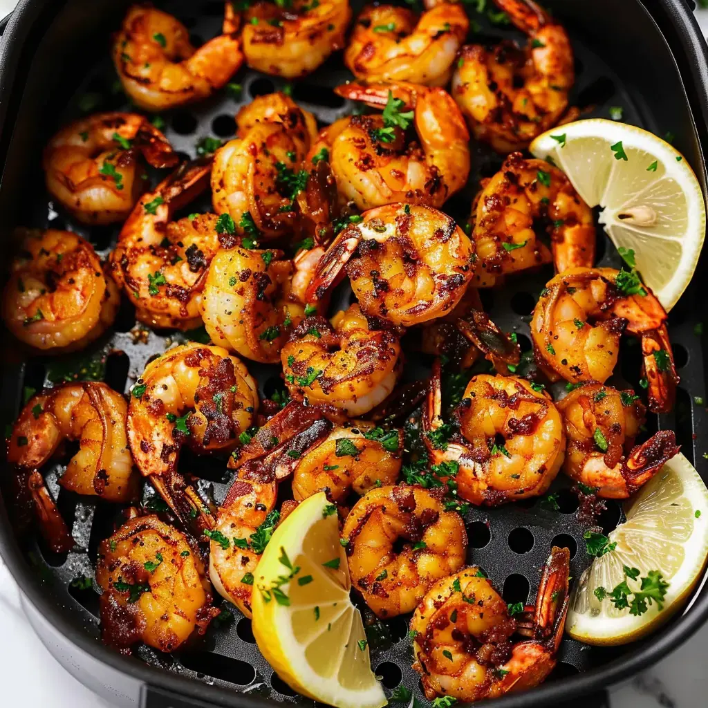 Golden air-fried shrimp garnished with parsley and lemon wedges, displayed in an air fryer basket.