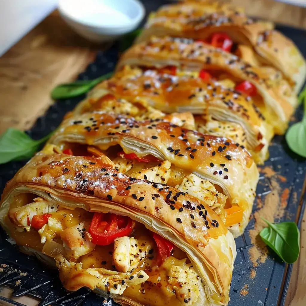 Une délicieuse pâte feuilletée fourrée de poulet, poivrons et épices, avec des graines de sésame sur le dessus.