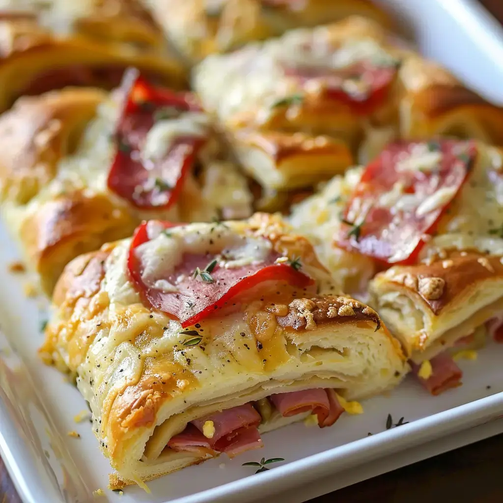 Puff pastry rolls filled with ham, cheese and red peppers, seasoned with herbs.