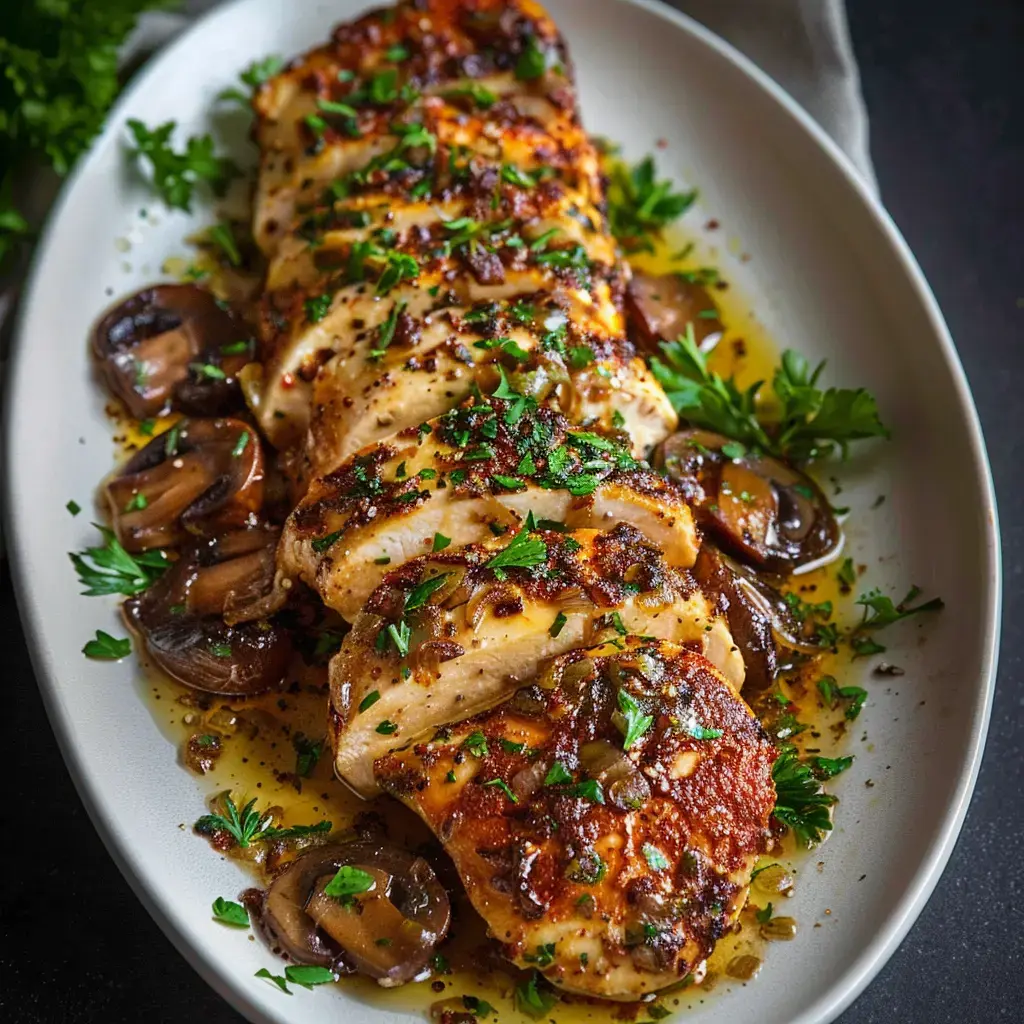 Golden chicken fillets with mushrooms and fresh parsley garnish on an oval dish.