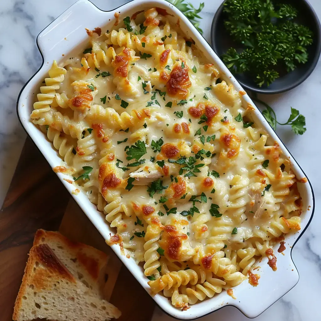 A dish of pasta in creamy sauce topped with golden cheese and fresh parsley, served with toasted bread.