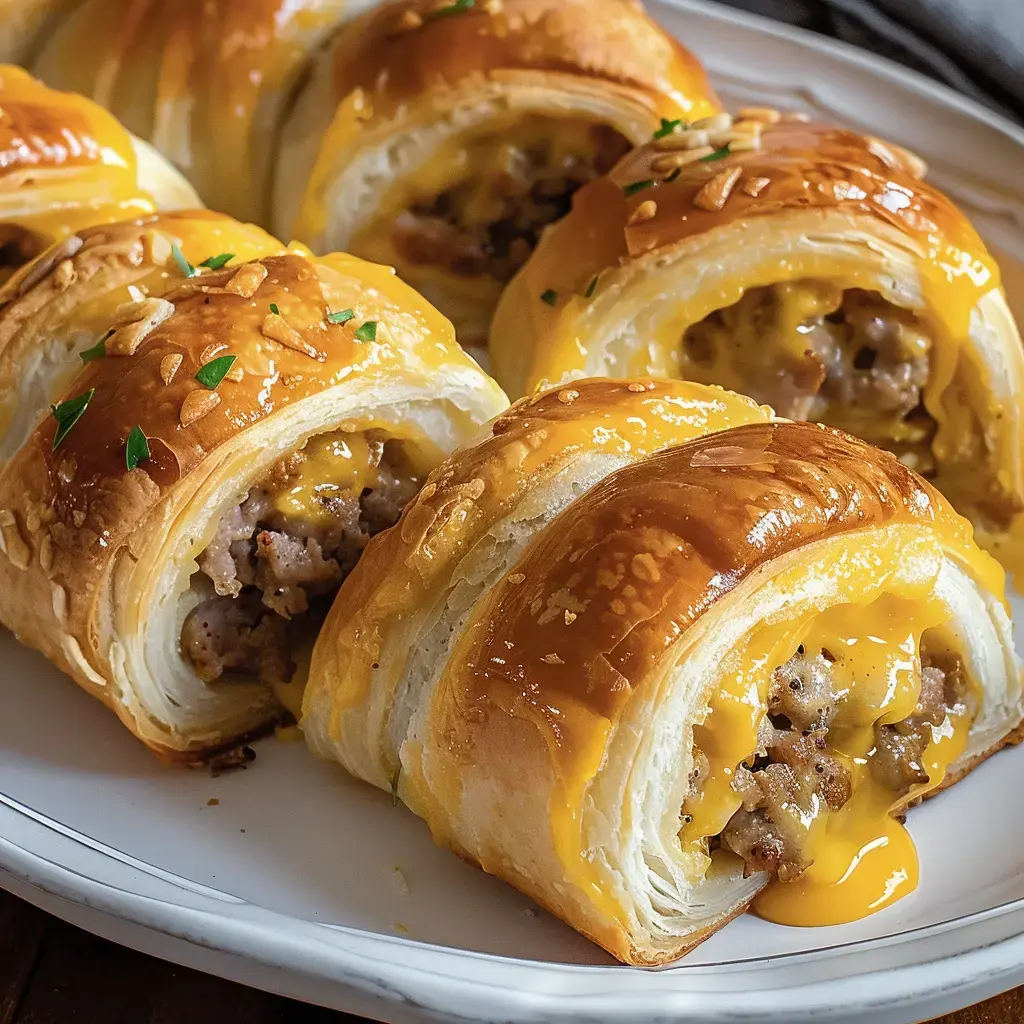 Golden flaky rolls stuffed with sausage and melted cheese.