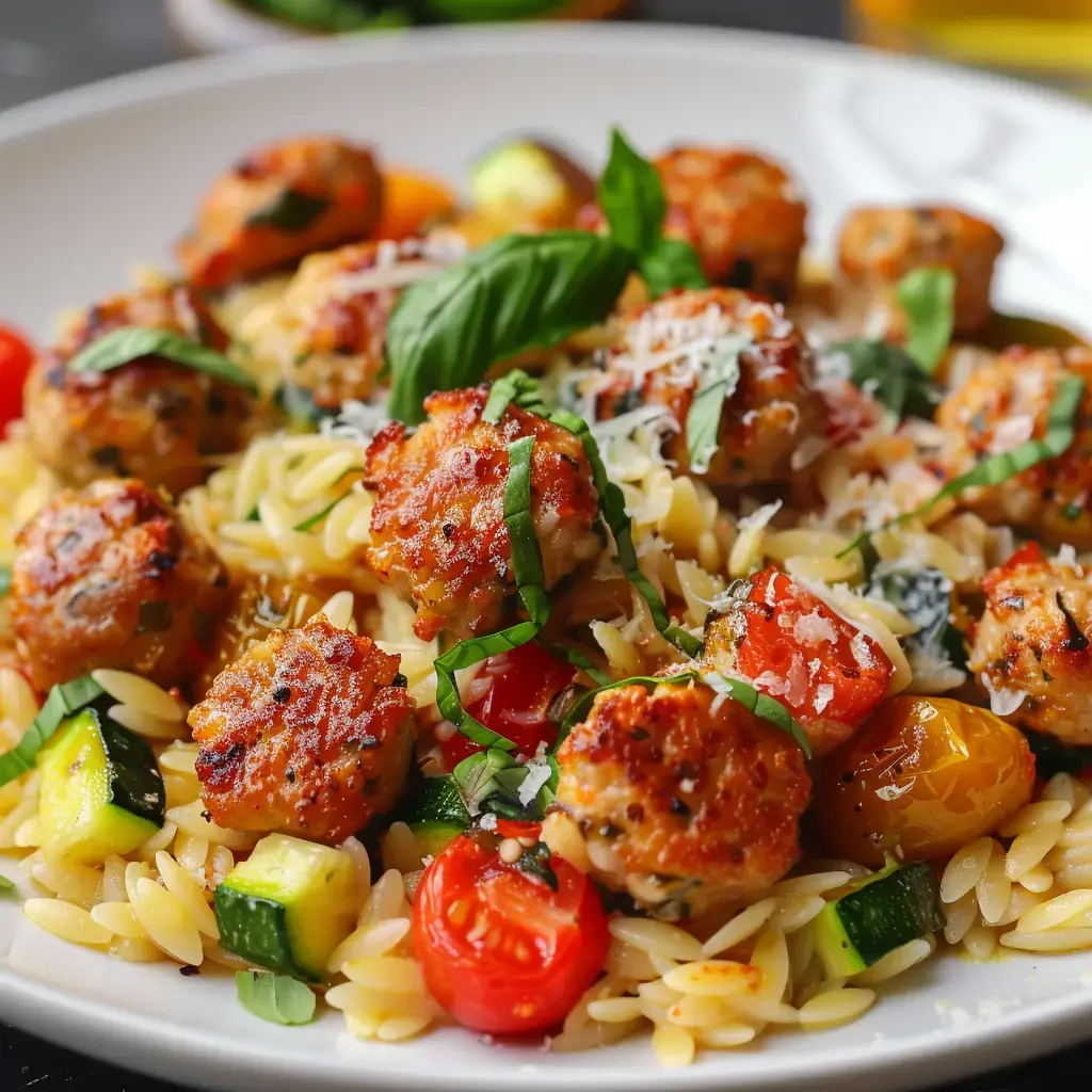 A dish of orzo pasta topped with meatballs, cherry tomatoes, zucchini and basil.