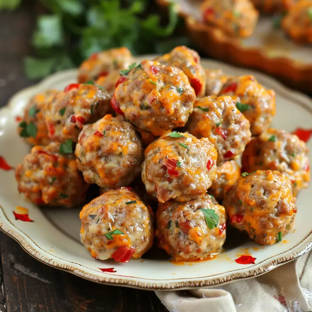 Meatballs topped with cheese and peppers, arranged on a decorative plate.