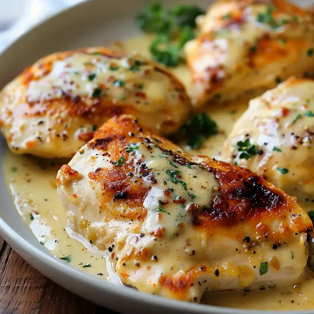 Chicken breast cooked in creamy sauce, topped with parsley, served on a beige plate.