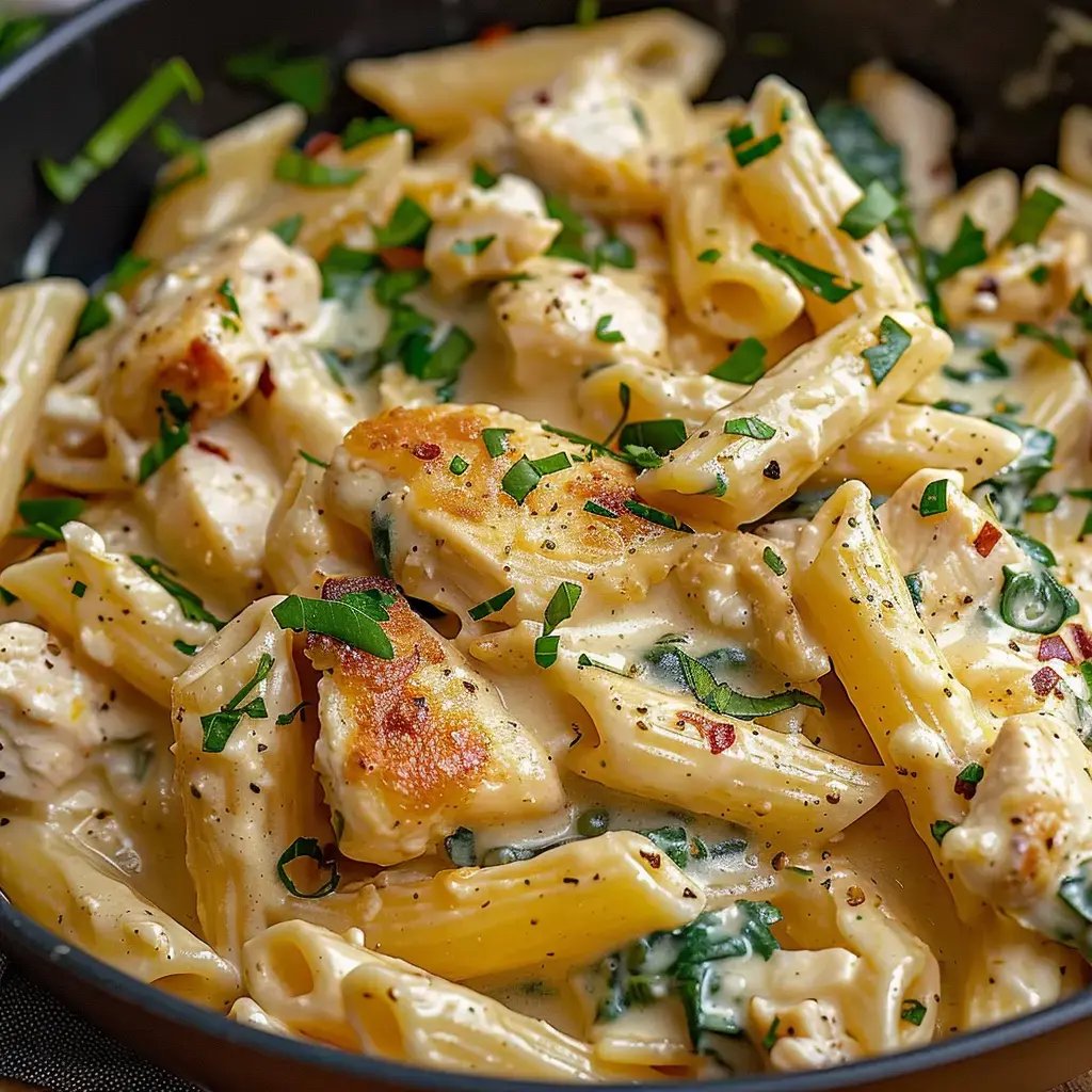 Creamy pasta with grilled chicken and spinach, topped with fresh parsley.