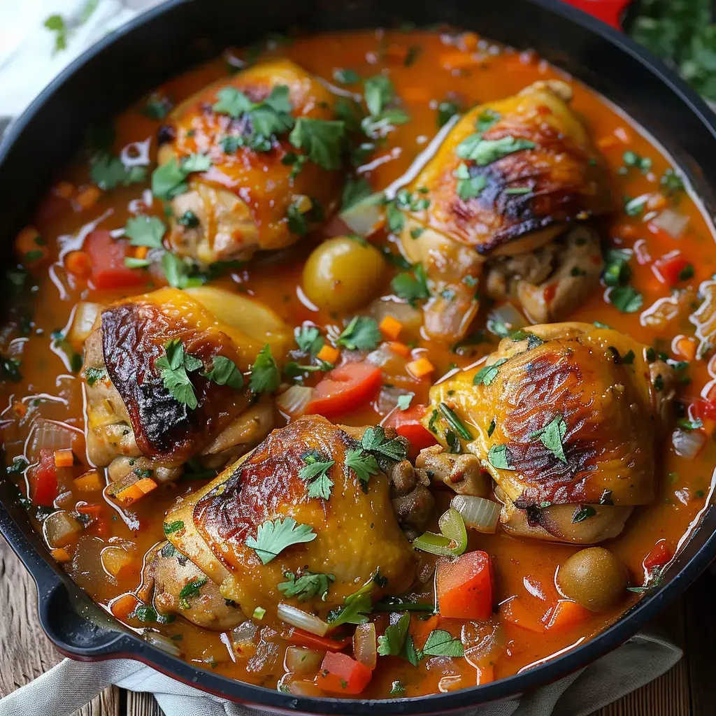 Braised chicken thighs in tomato sauce with colorful vegetables sprinkled with cilantro.
