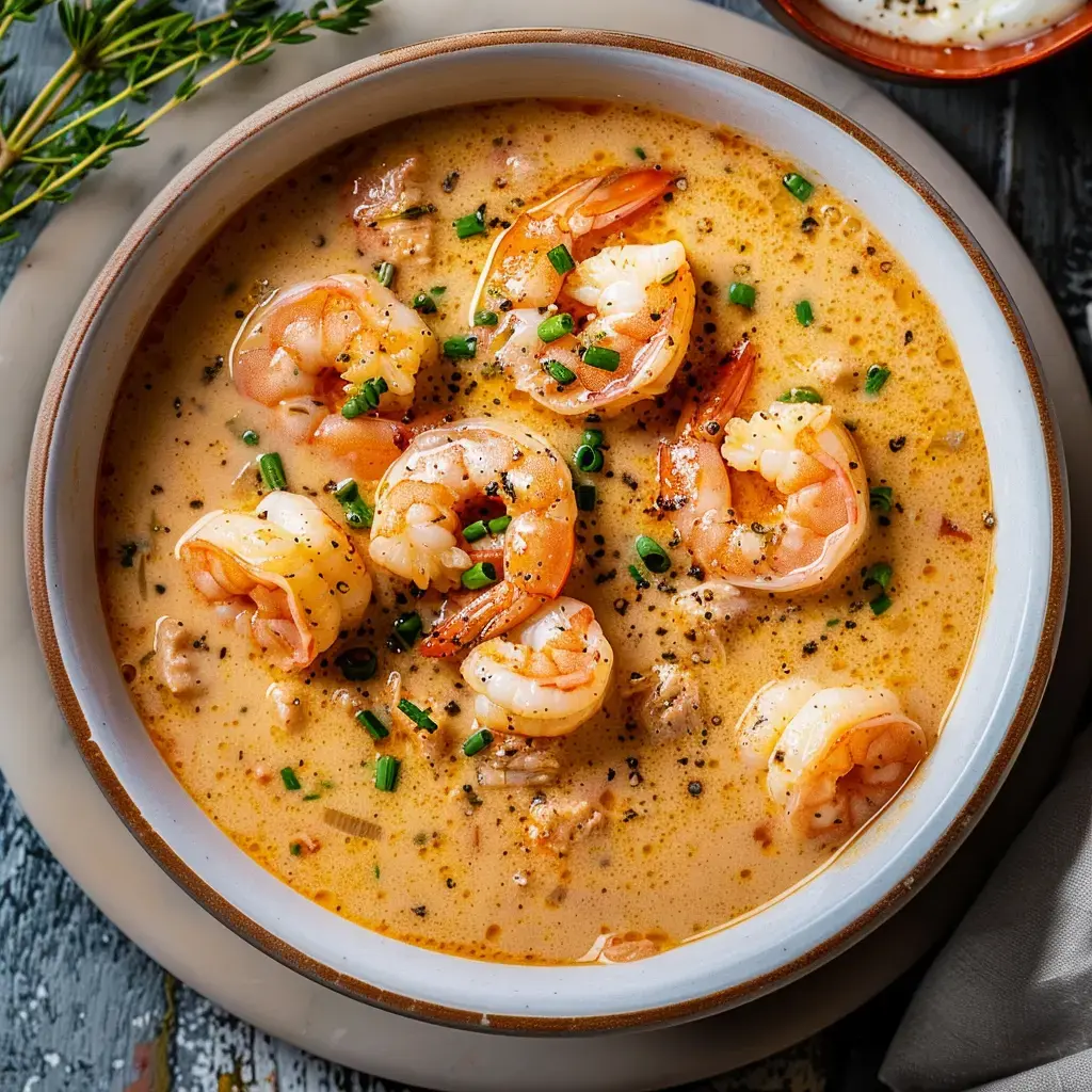 A creamy shrimp soup topped with chives and pepper.