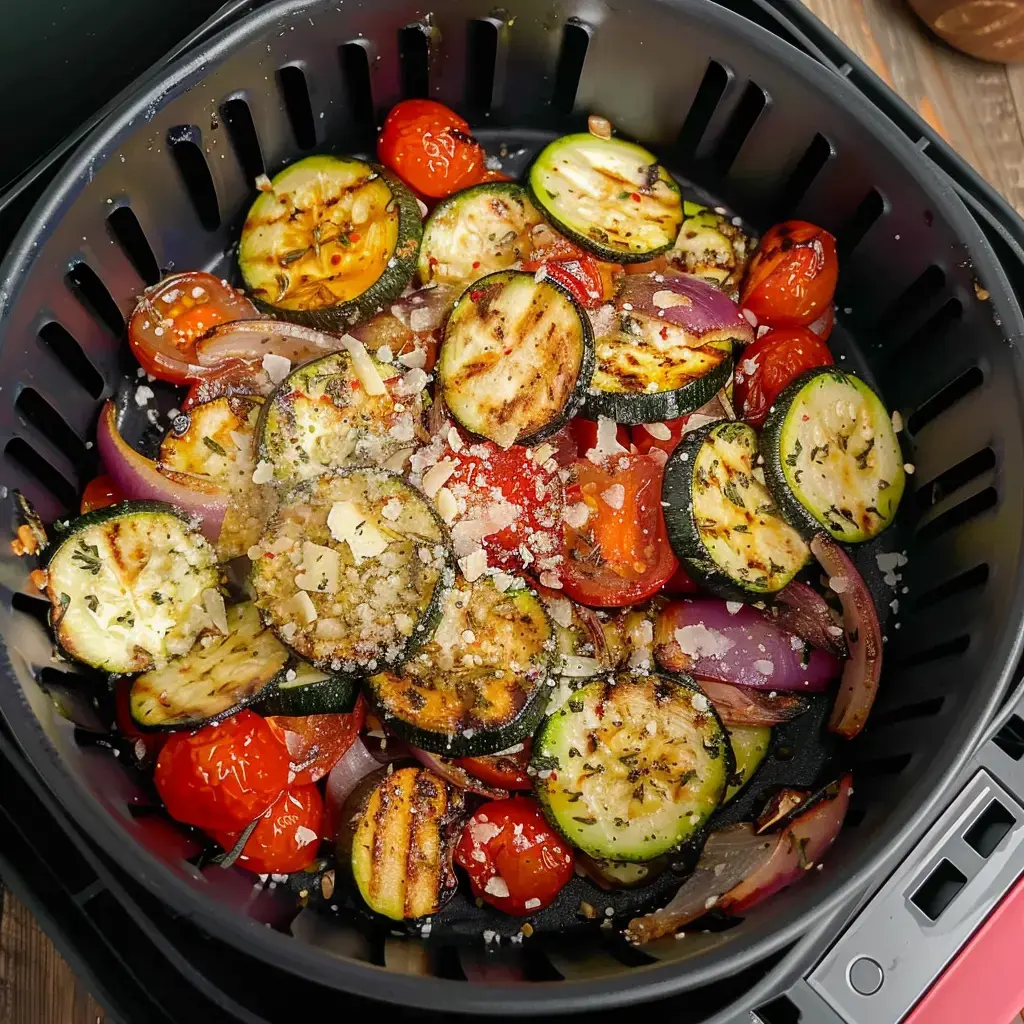 Grilled vegetables including zucchini, cherry tomatoes and onions arranged in an air fryer basket, topped with cheese.