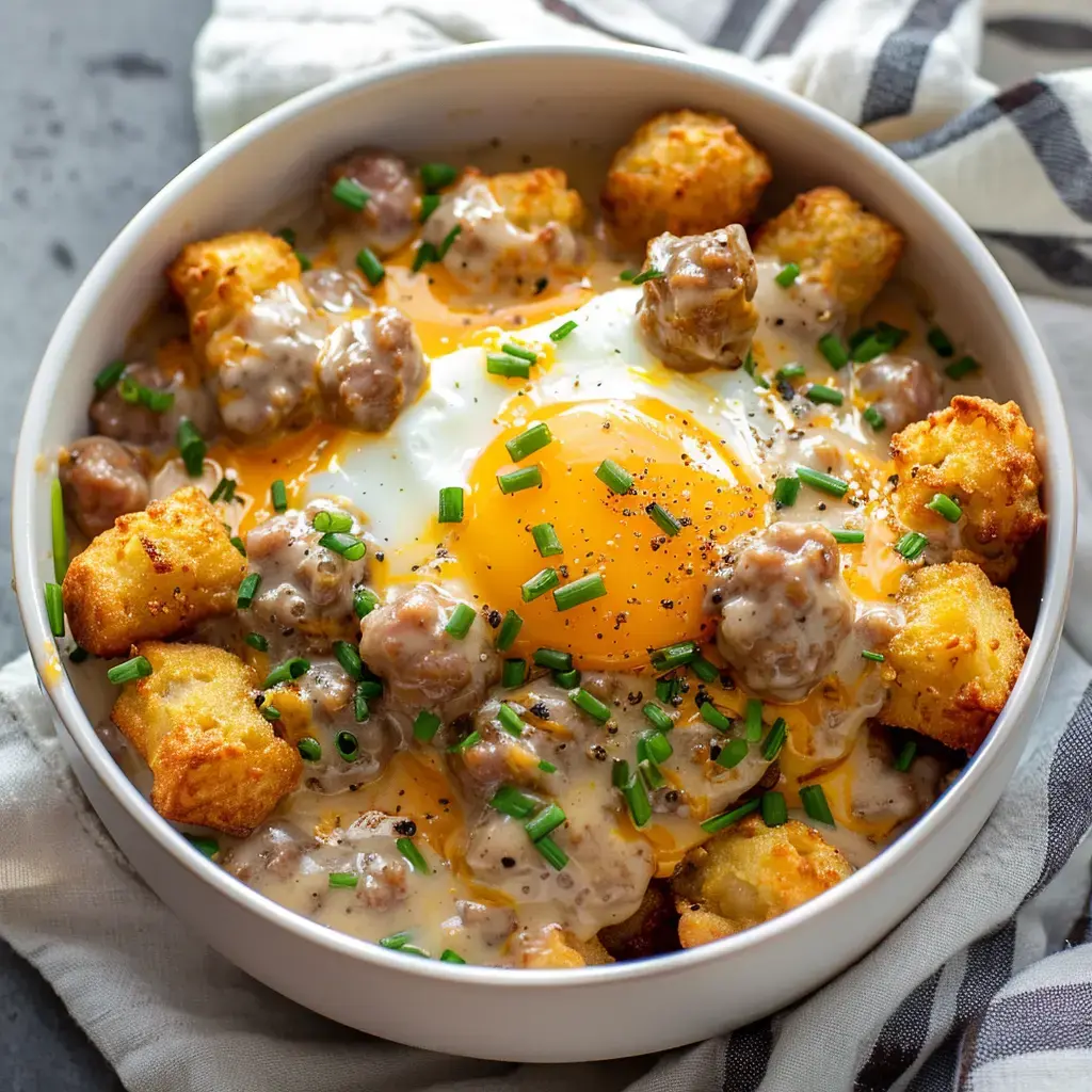 A bowl filled with potato chunks, sausage, creamy sauce and a fried egg topped with chives.