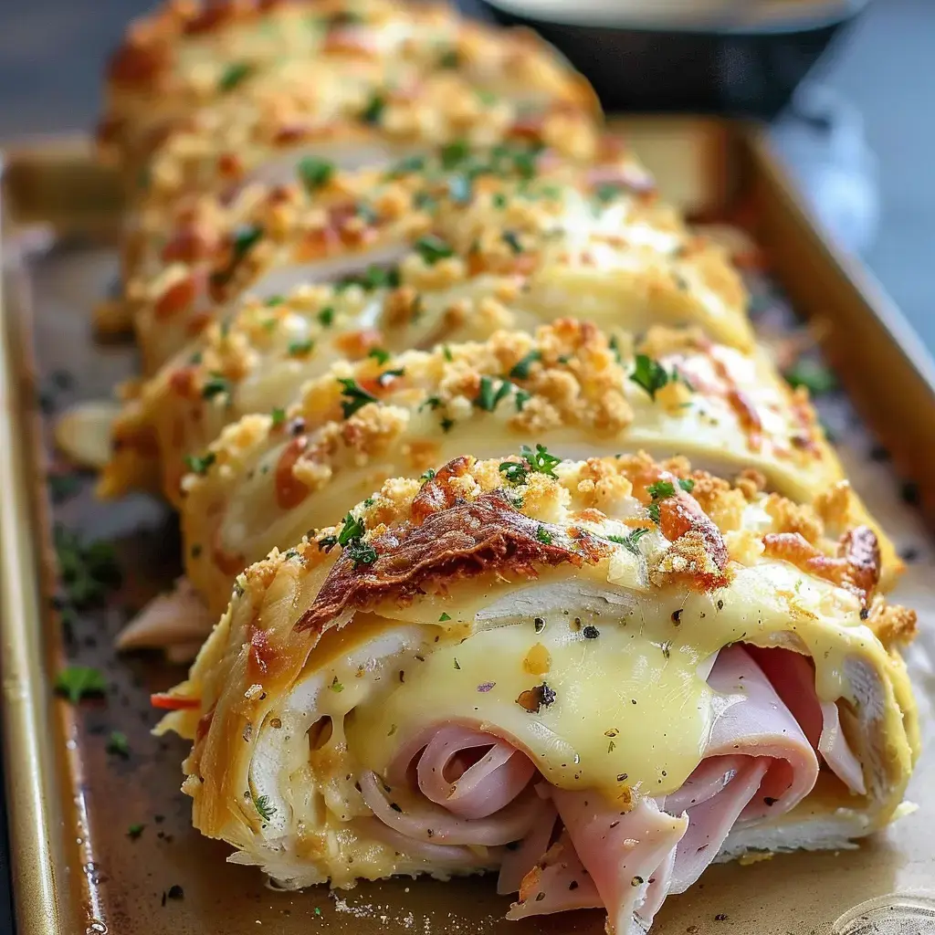 Bread roll stuffed with ham and cheese, topped with golden breadcrumbs and parsley.