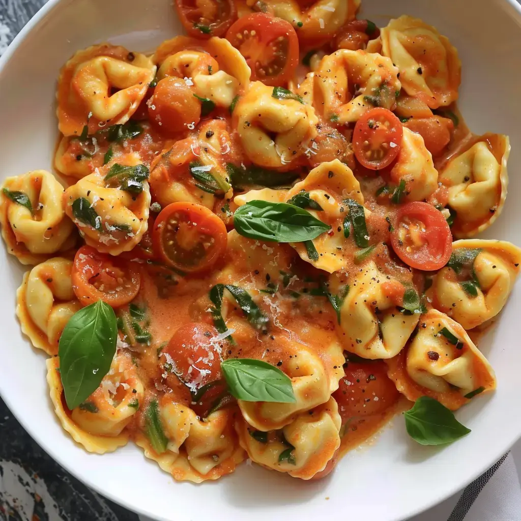 A pasta dish filled with tortellinis, sliced cherry tomatoes and basil leaves in a creamy tomato sauce.