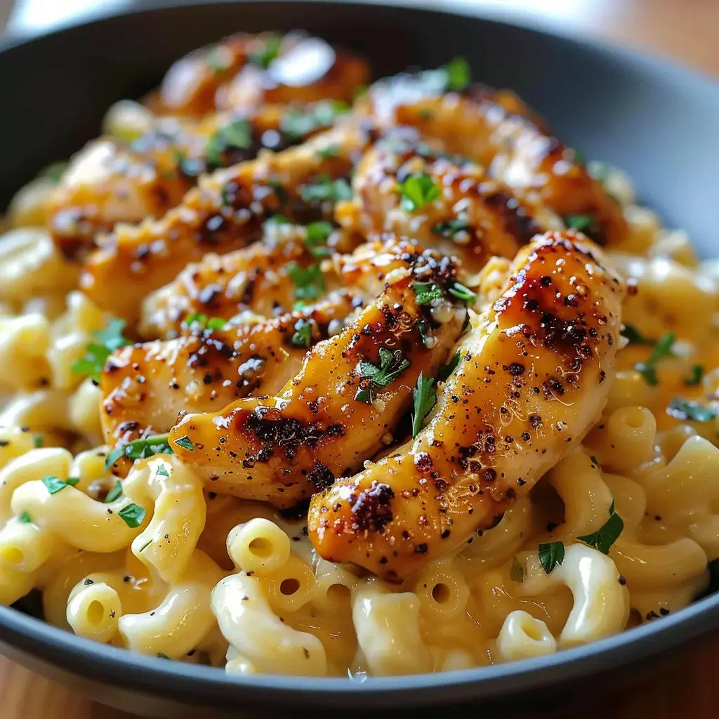 A plate of creamy macaroni pasta topped with grilled chicken pieces, garnished with fresh herbs.