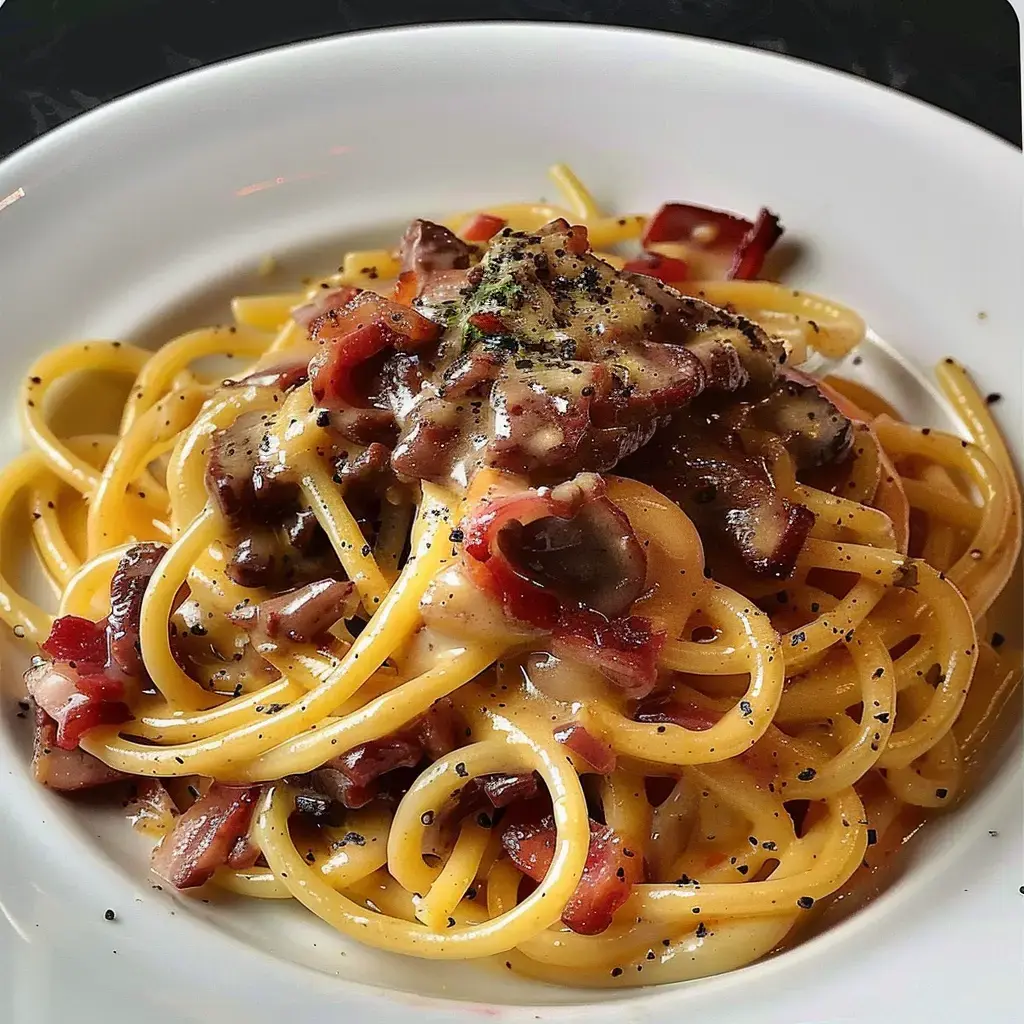 A plate of pasta with bacon and creamy sauce, sprinkled with black pepper.