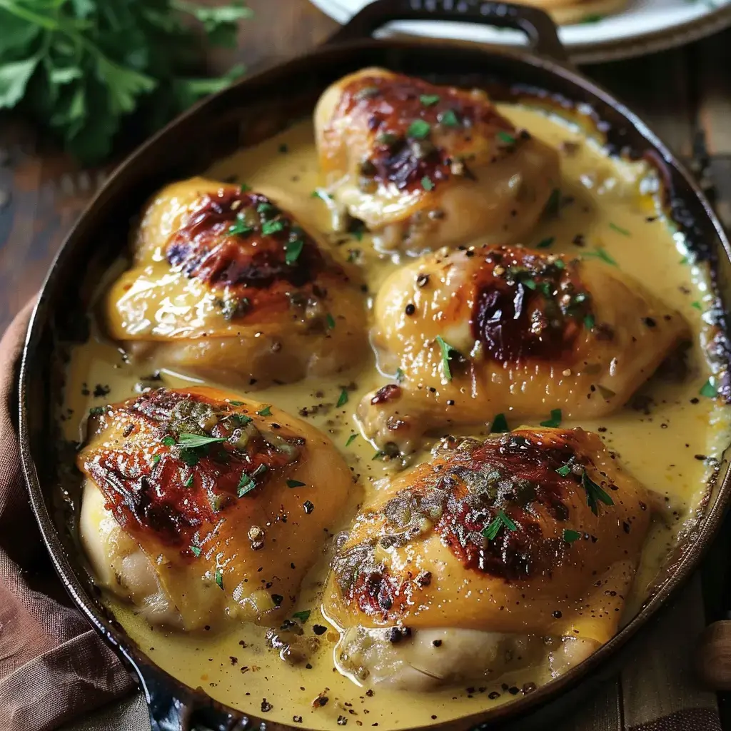 Golden chicken thighs covered in creamy sauce, topped with fresh parsley, served in a cast iron dish.