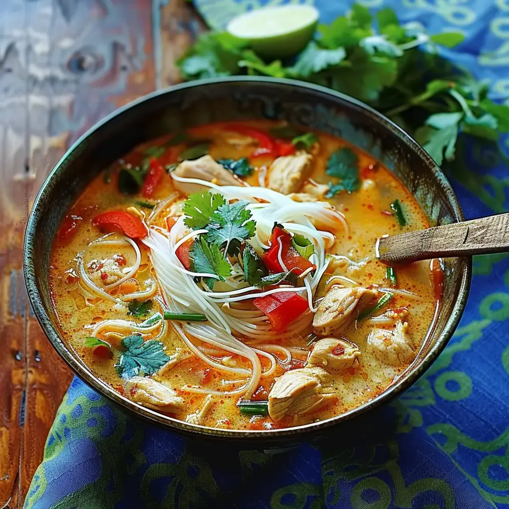 A bowl of noodle soup with chicken, bell peppers and cilantro, served with a lime wedge.