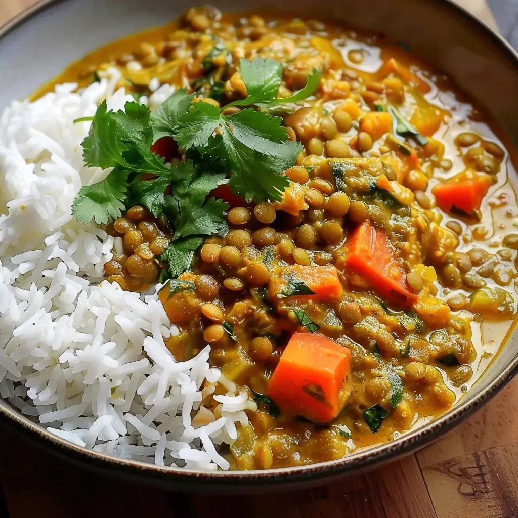 A bowl of white rice served with lentil curry, carrots, and garnished with fresh cilantro.