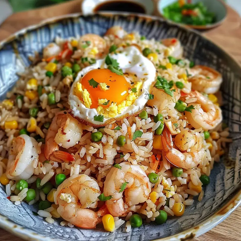 A bowl of fried rice topped with shrimp, peas, corn, and a sunny-side-up egg, finished with fresh cilantro.