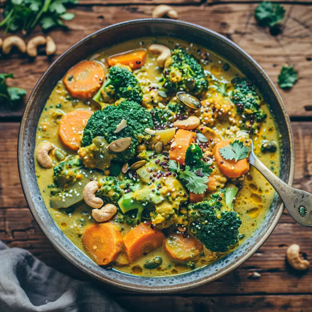 A hearty bowl of broccoli and lentil curry topped with nuts, seeds, and fresh herbs.