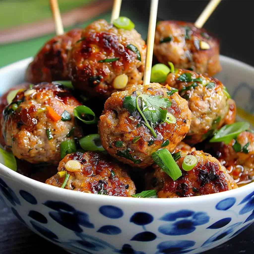 Golden meatballs garnished with green onions and coriander, arranged in a decorative bowl.