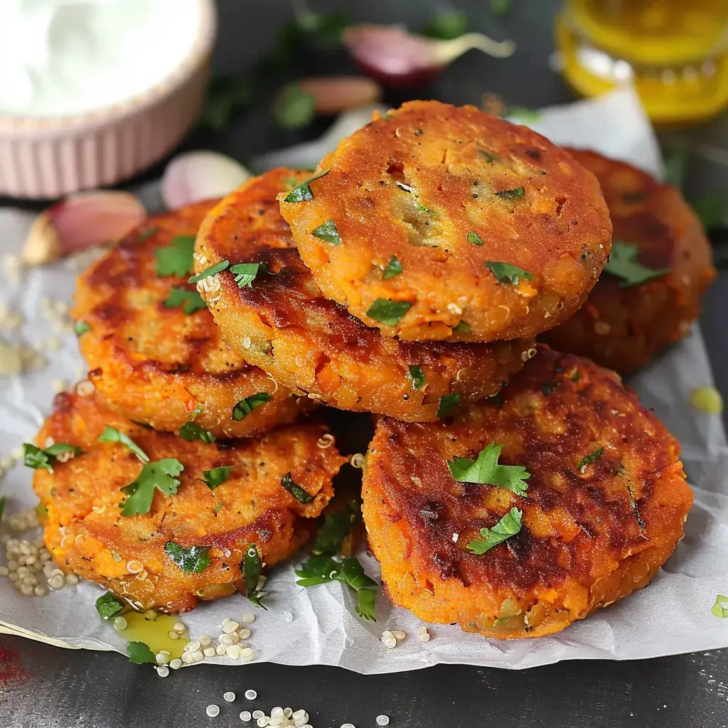 Golden vegetable patties topped with cilantro, served on parchment paper alongside a yogurt dip in the background.