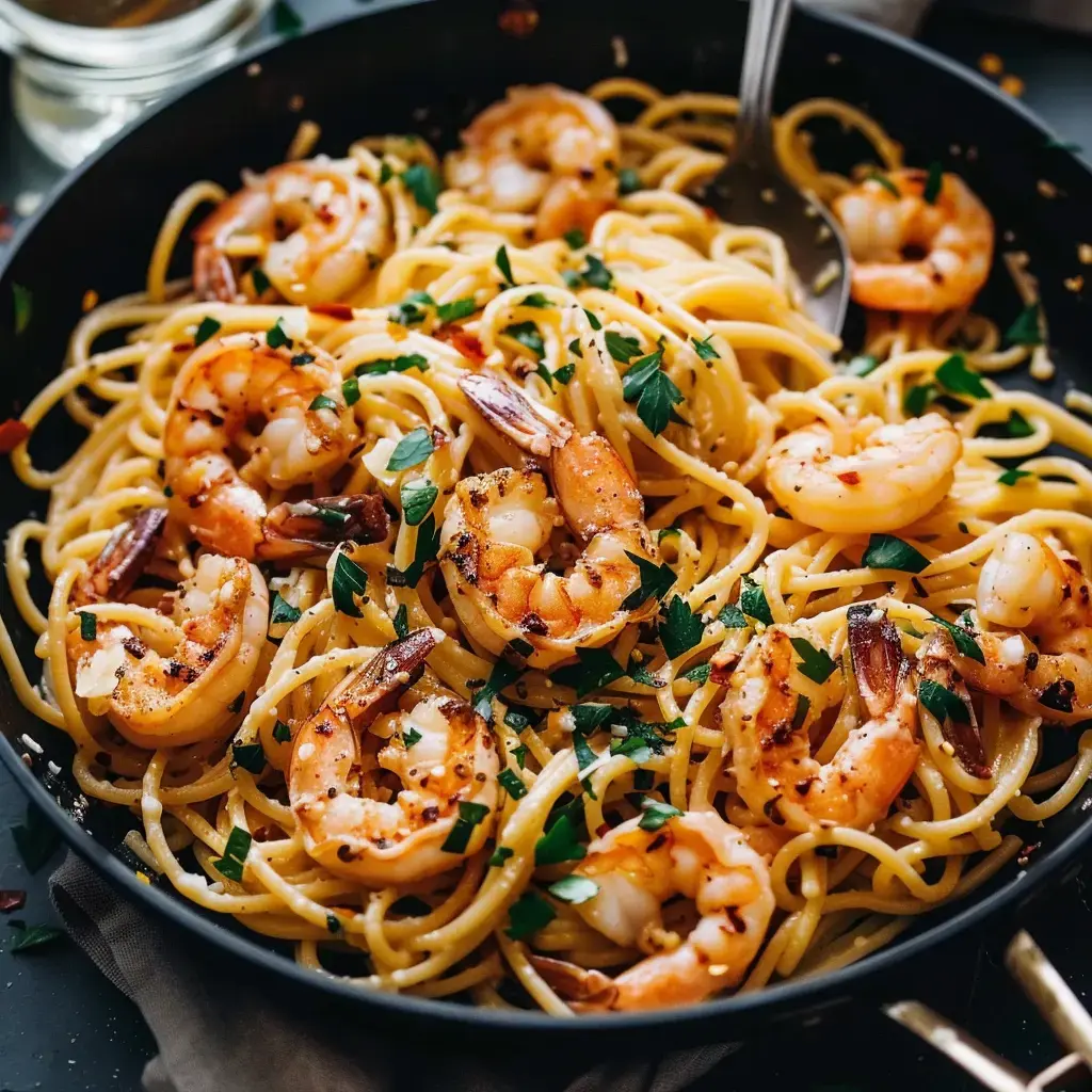 A dish of shrimp pasta sprinkled with parsley in a black bowl.