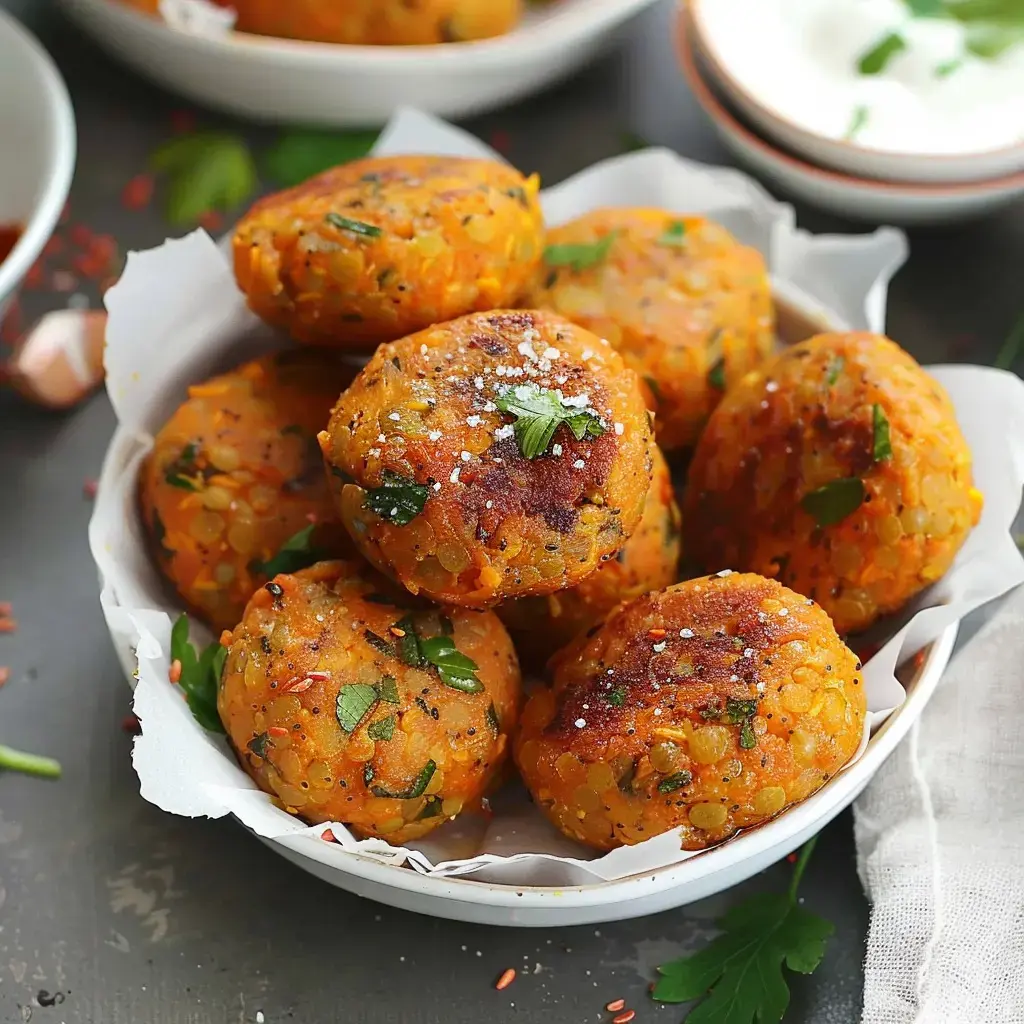 Golden lentil balls sprinkled with parsley served on white parchment paper in a bowl.