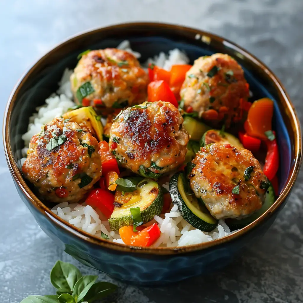 A bowl of rice topped with meatballs and a colorful mix of vegetables like zucchini and peppers.