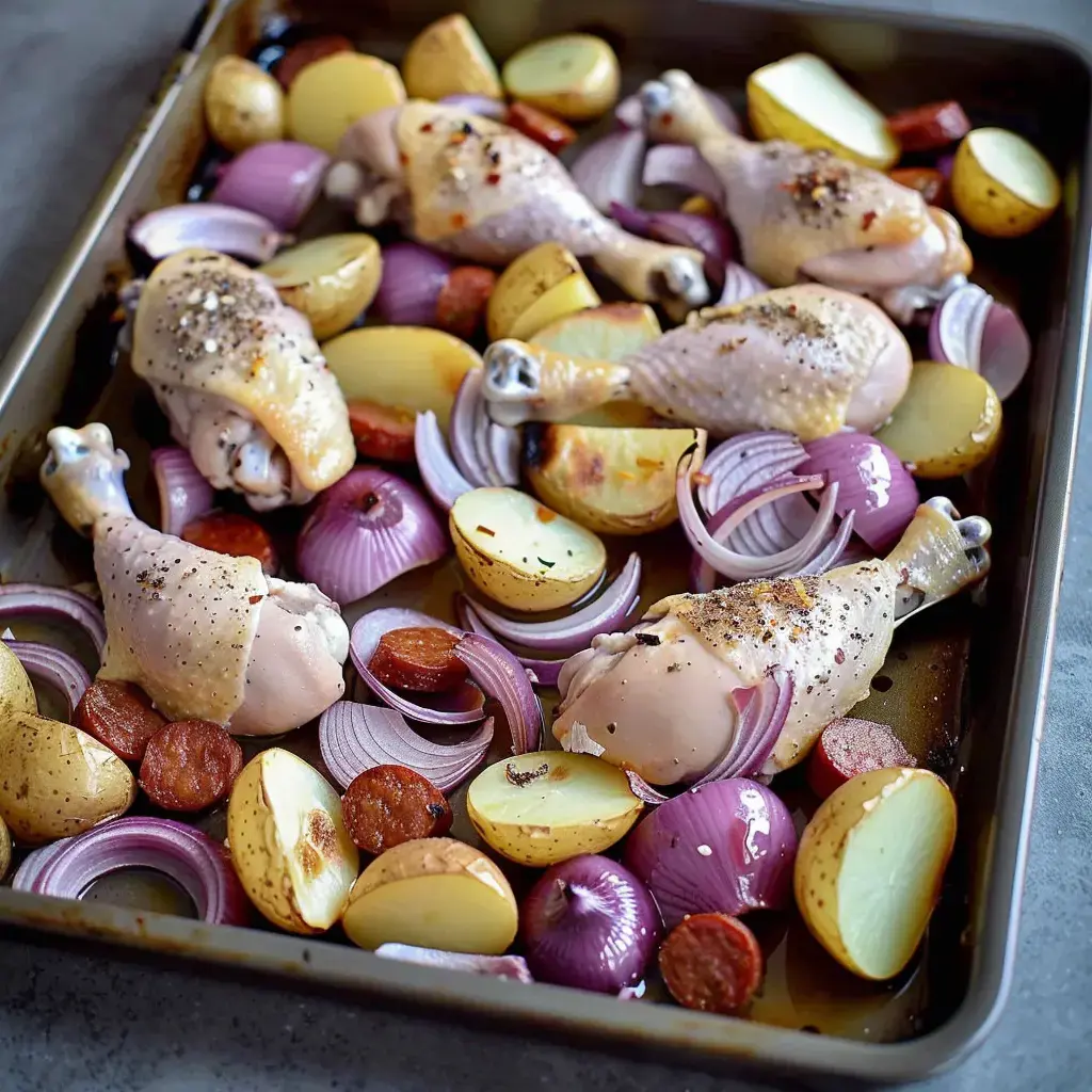 Roasted chicken thighs with potatoes and red onions in a baking dish.