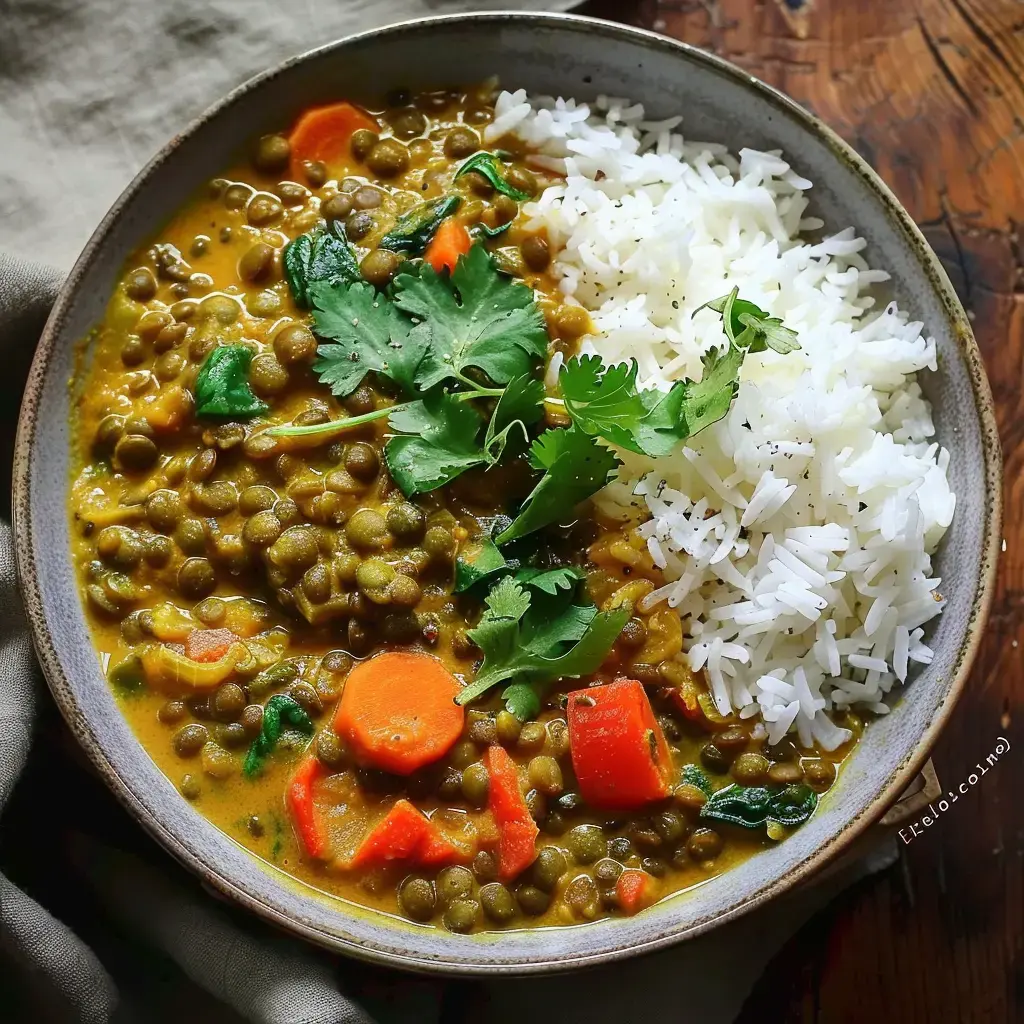 Un bol de lentilles vertes avec des carottes et des épinards, servi avec du riz blanc et garni de coriandre fraîche.