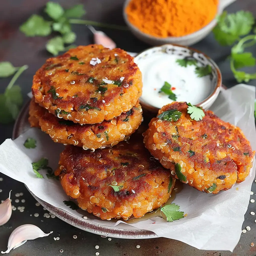 Golden-brown quinoa patties served with yogurt sauce and spice garnish in background