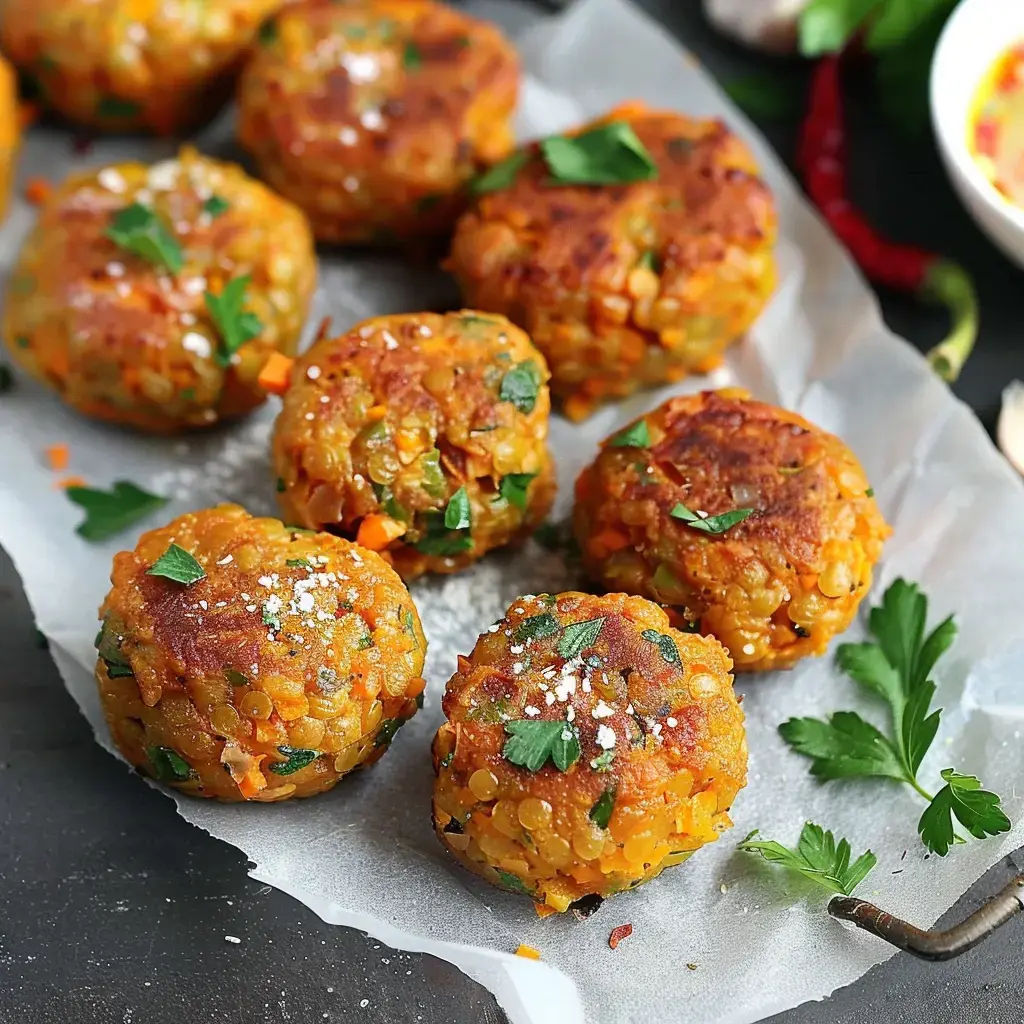 Golden lentil bites garnished with parsley, arranged on parchment paper