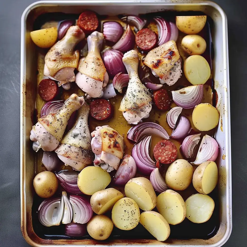 Plat de cuisses de poulet rôti, saucisse, oignons rouges et pommes de terre dorées sur une plaque de cuisson.