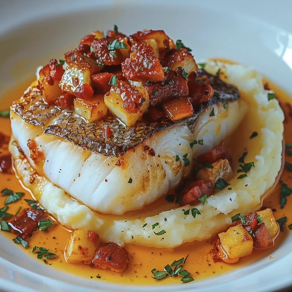 Cod with Chorizo Cream Sauce and Mashed Potatoes