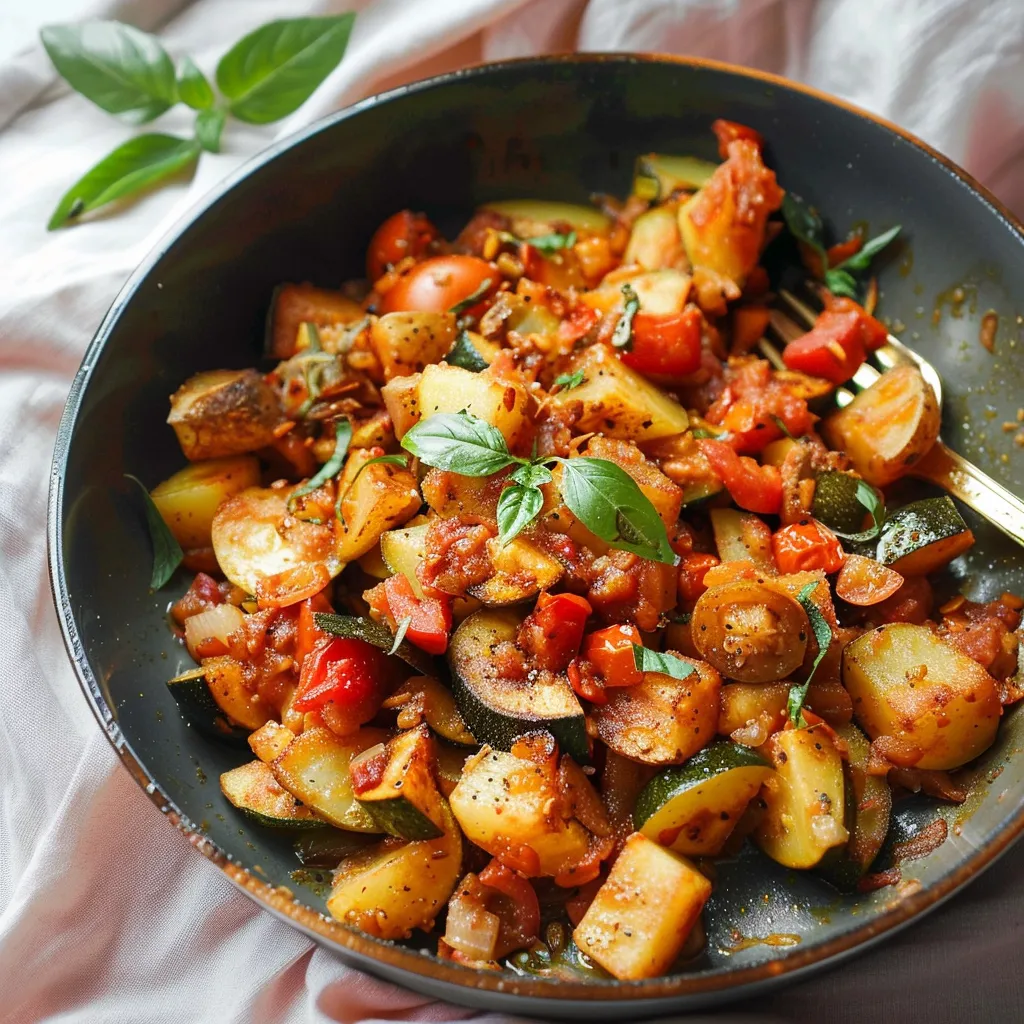 Pan-fried potatoes with zucchini and tomatoes