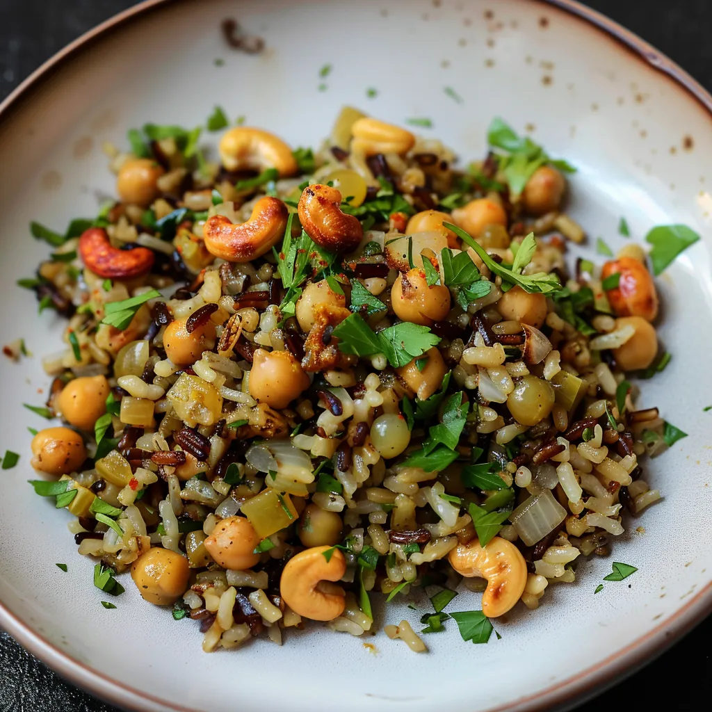 Wild Rice with Spices, Chickpeas, Cashews, and Crispy Onions