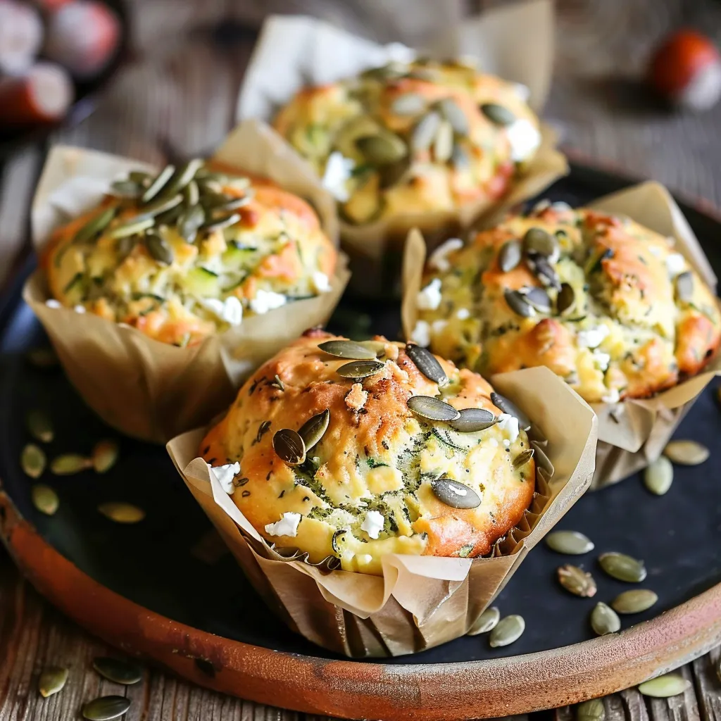 Zucchini muffins with goat cheese and pumpkin seeds