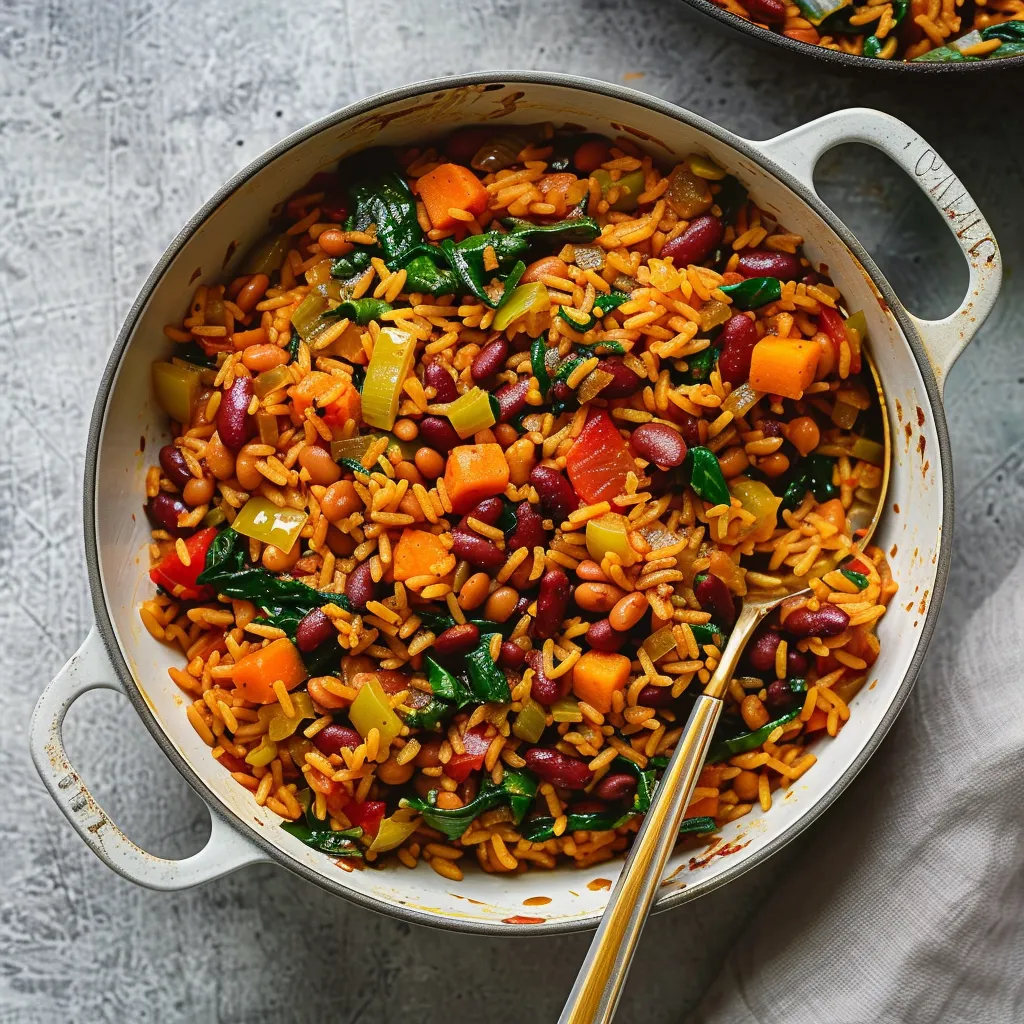 Caribbean Vegan One-Pot Pelau with Beans and Spinach