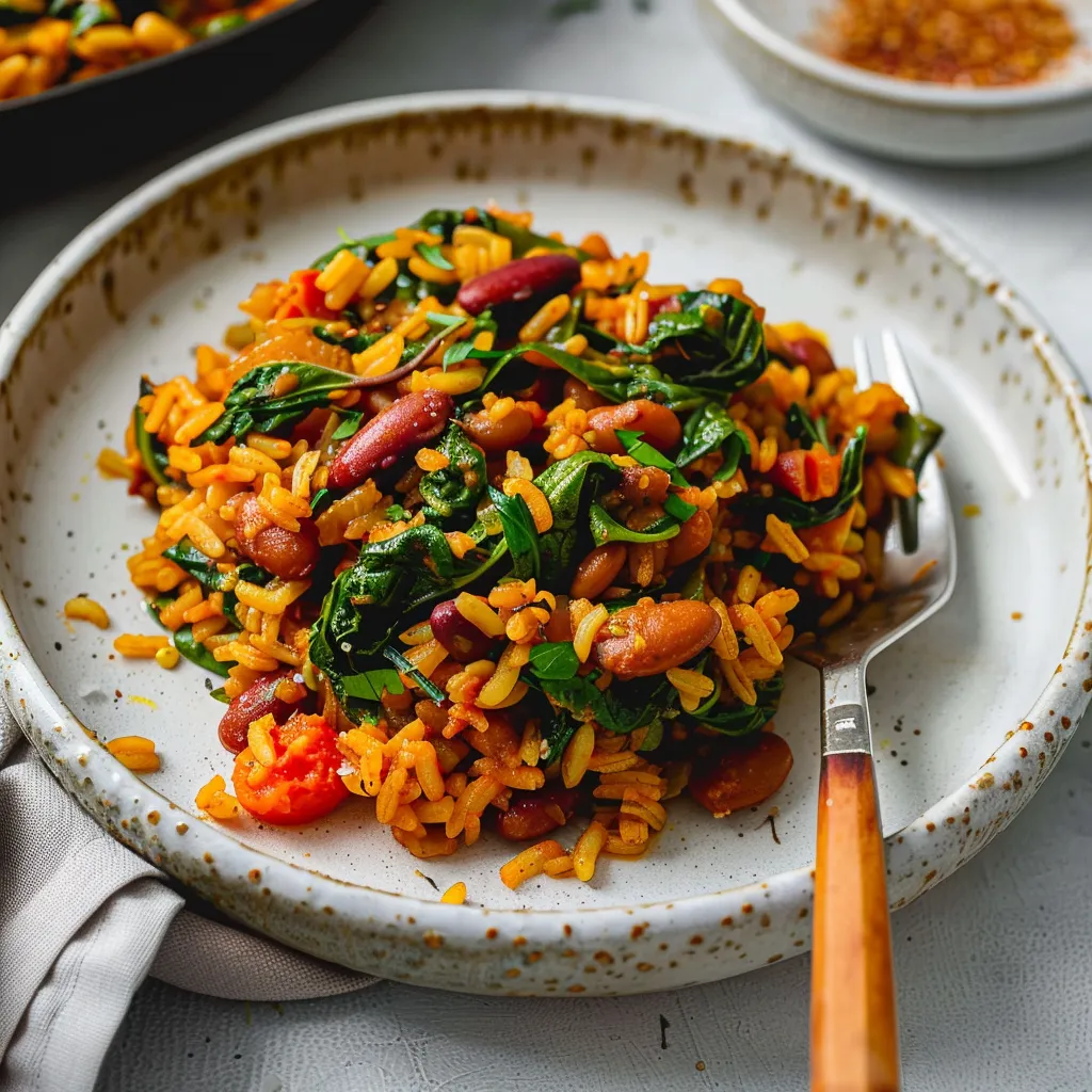 Vegan Caribbean Pelau with Beans and Spinach