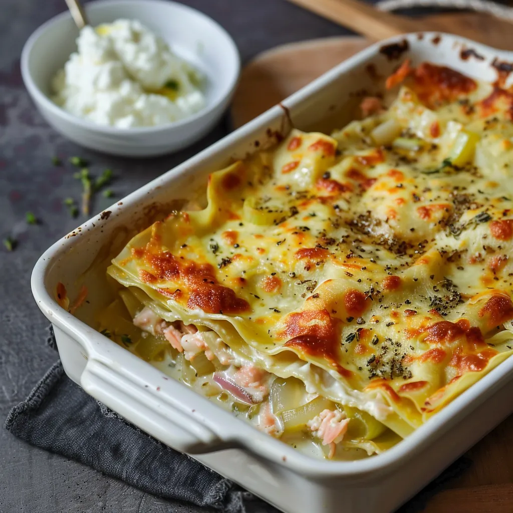 Salmon and leek lasagna