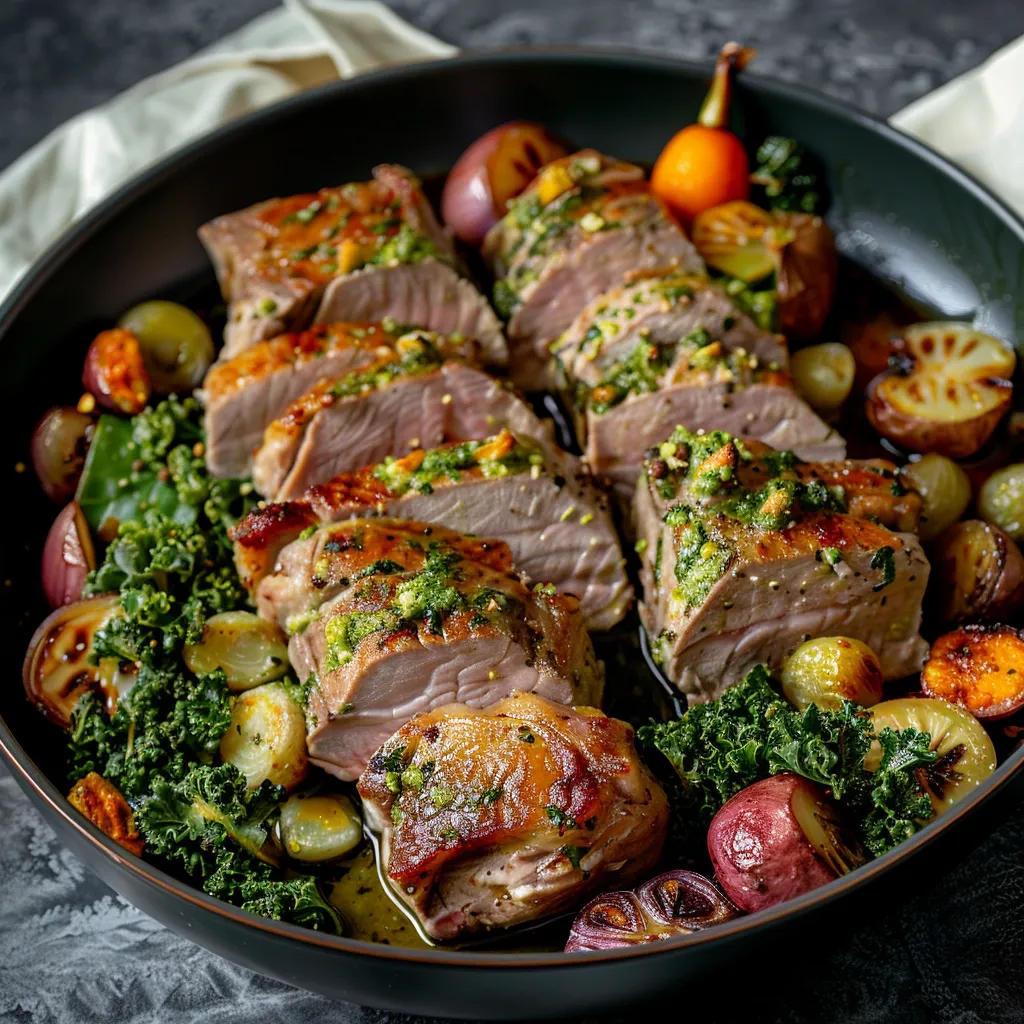 Slices of roasted lamb with pistachio pesto