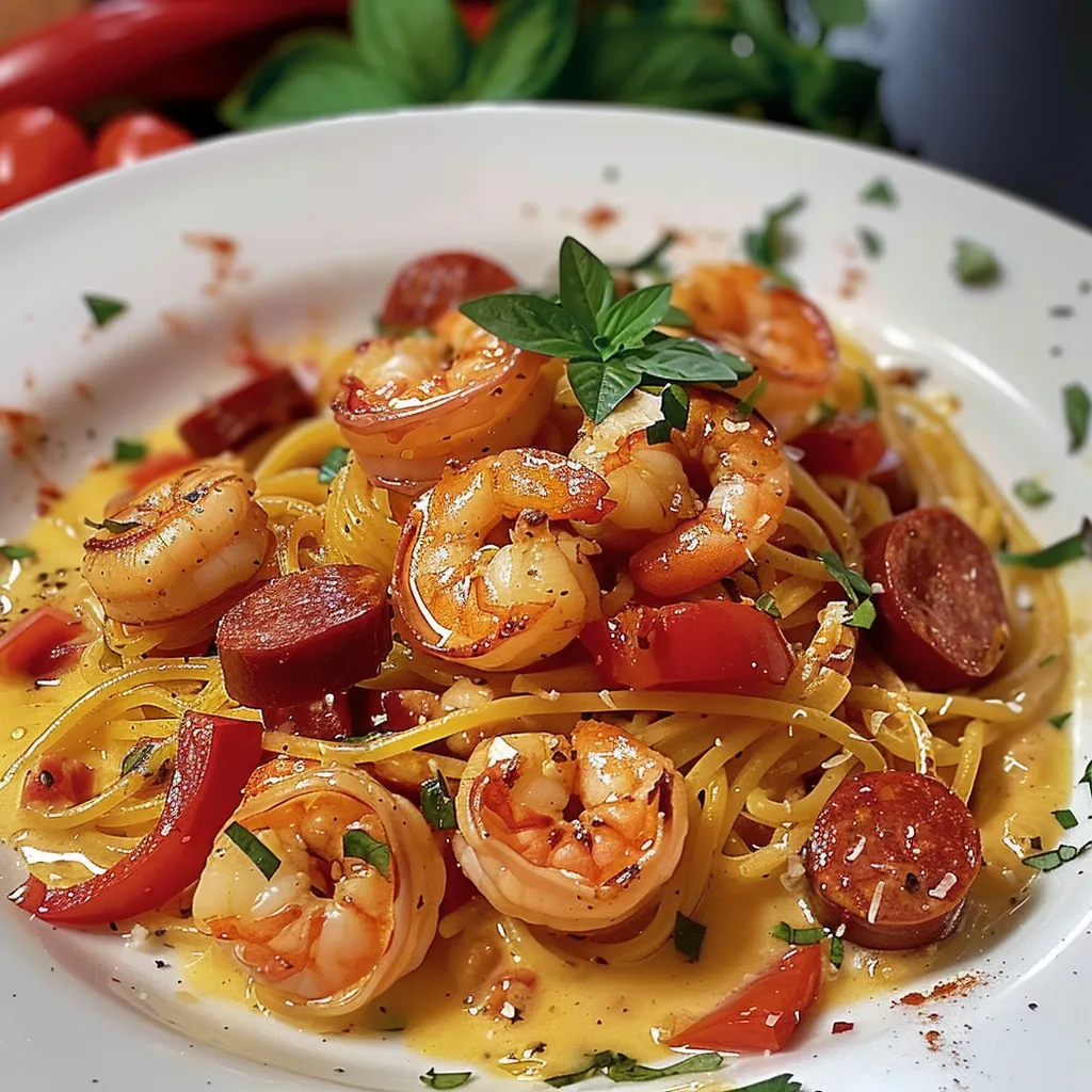 Delicious Creamy Shrimp Pasta with Sausage and Peppers